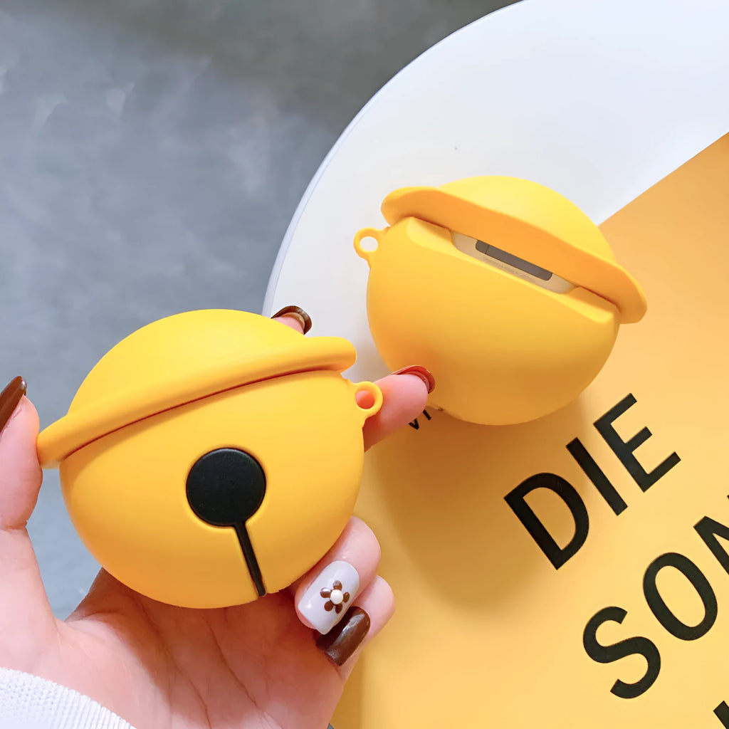 Yellow silicone protective case for AirPods 1 and 2 with an attached carrying strap.