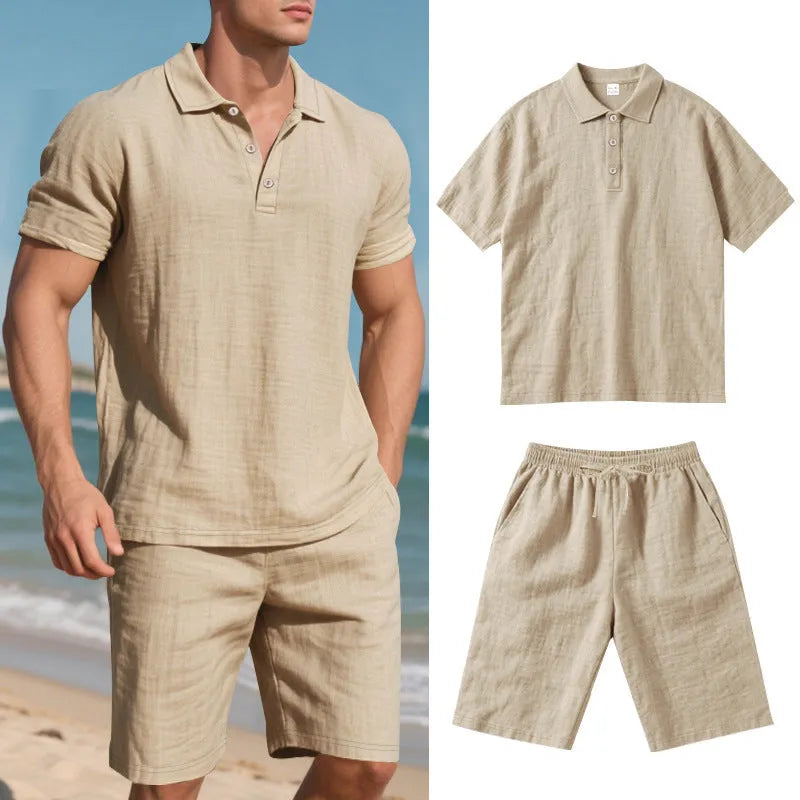 Men's linen blend shorts suit in apricot colour with short sleeves and casual fit
