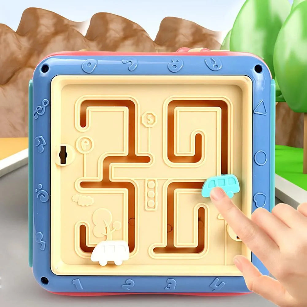 Baby hexahedron educational toy with six Montessori activity panels including bead maze and gear connections