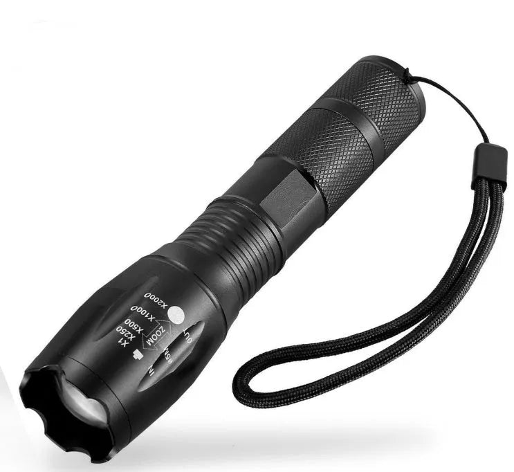 Black aluminium alloy LED zoom flashlight with adjustable focus ring and antiskid texture.