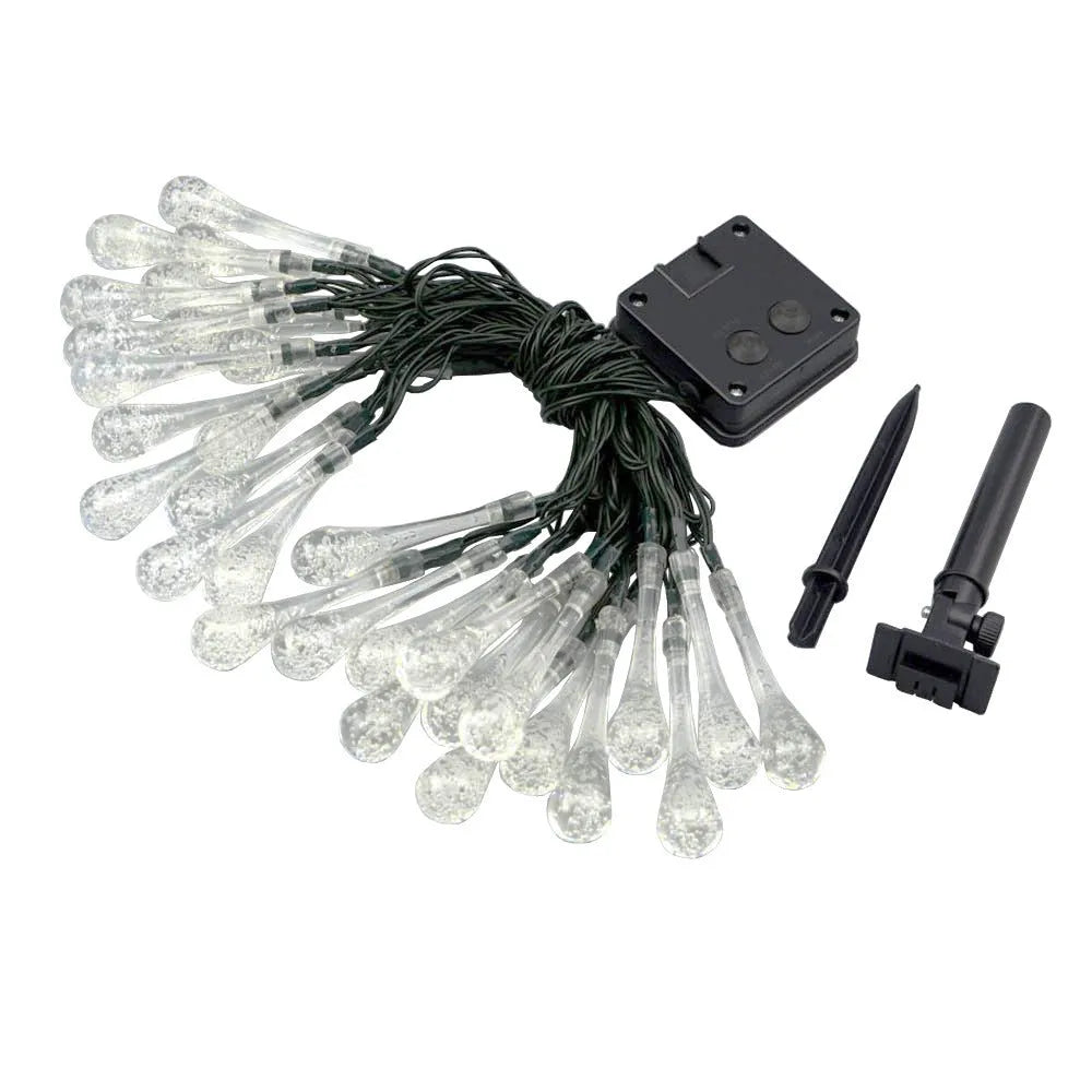 Solar-powered LED garden string lights with water drop shaped ABS pendants on a 6.5 metre wire.