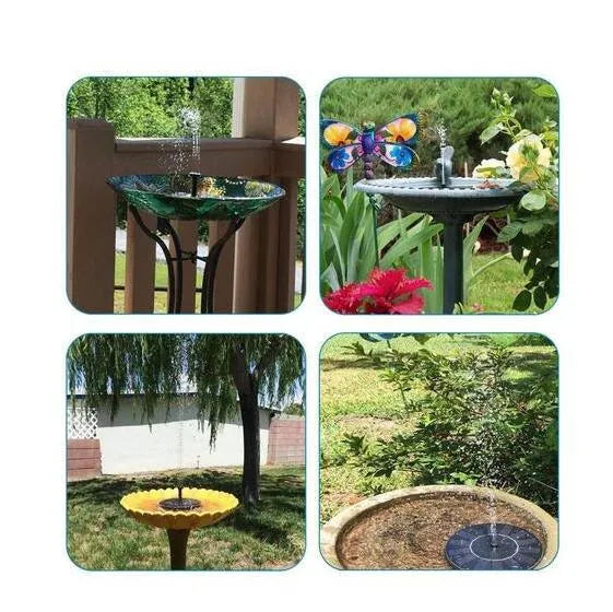 Black solar water fountain pump with solar panel and four spray nozzles for garden ponds