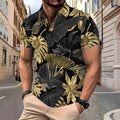 Gold tropical plant pattern men's short sleeve printed shirt in polyester fabric