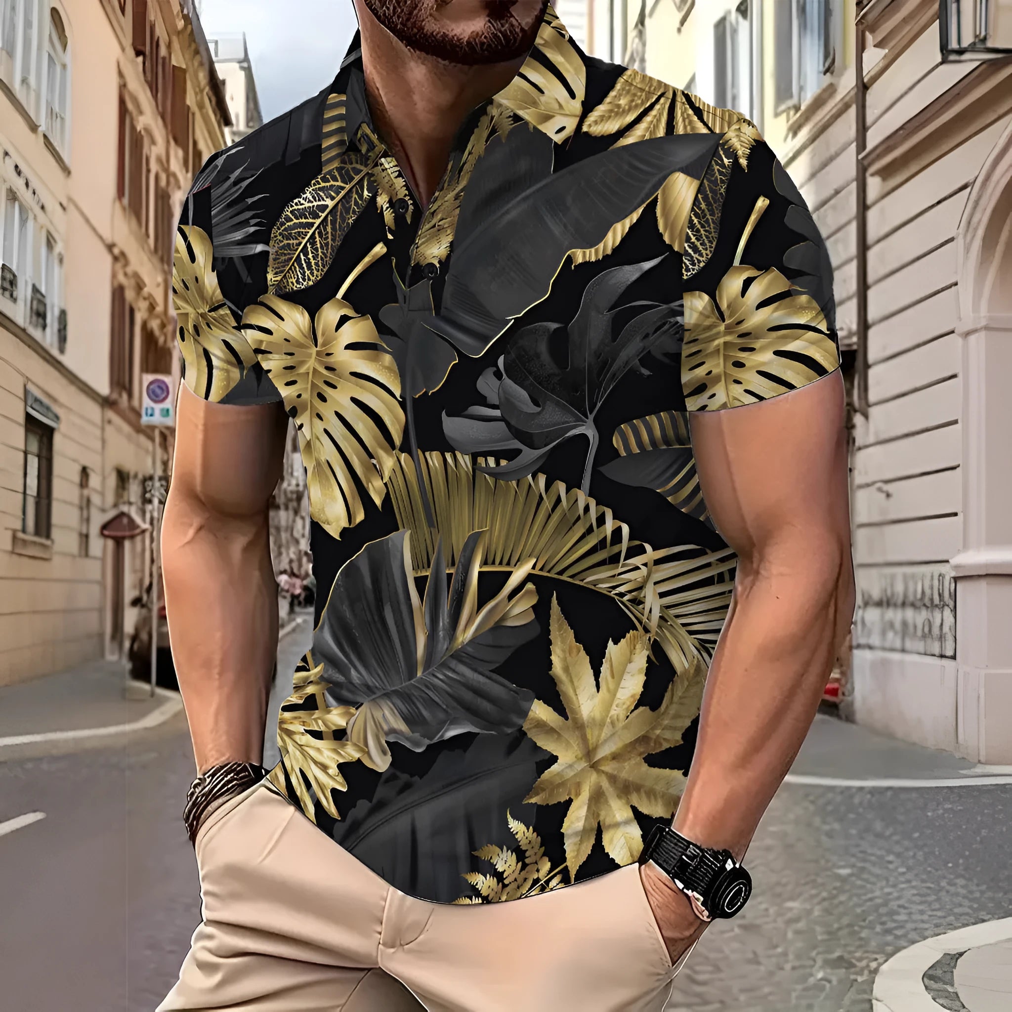 Gold tropical plant pattern men's short sleeve printed shirt in polyester fabric