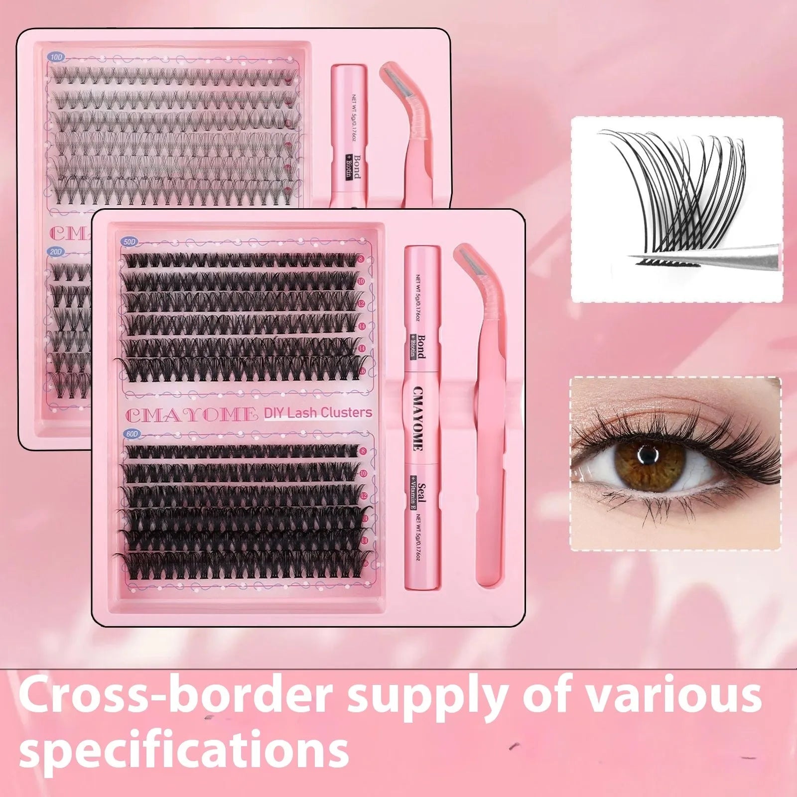Set of DIY single cluster individual false eyelashes in natural thick mixed split type on a clear tray.