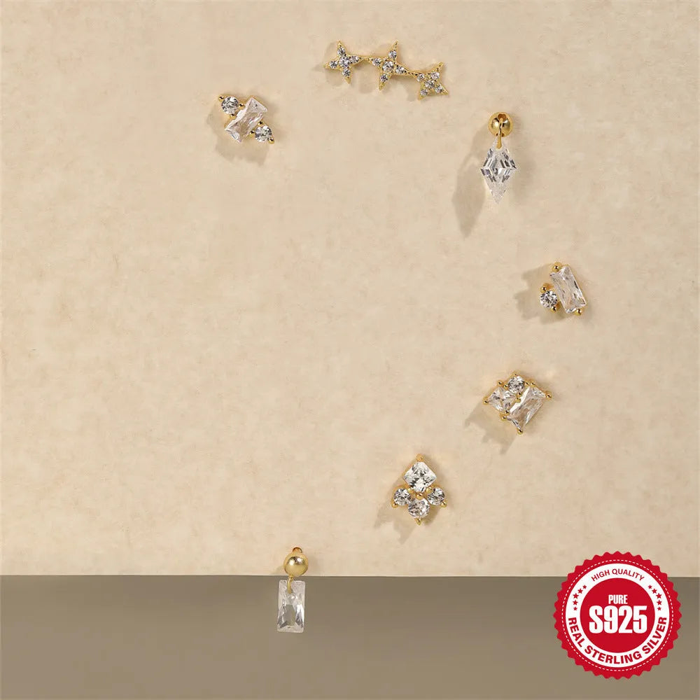 S925 sterling silver square floral stud earrings with red gravel accents in golden colour