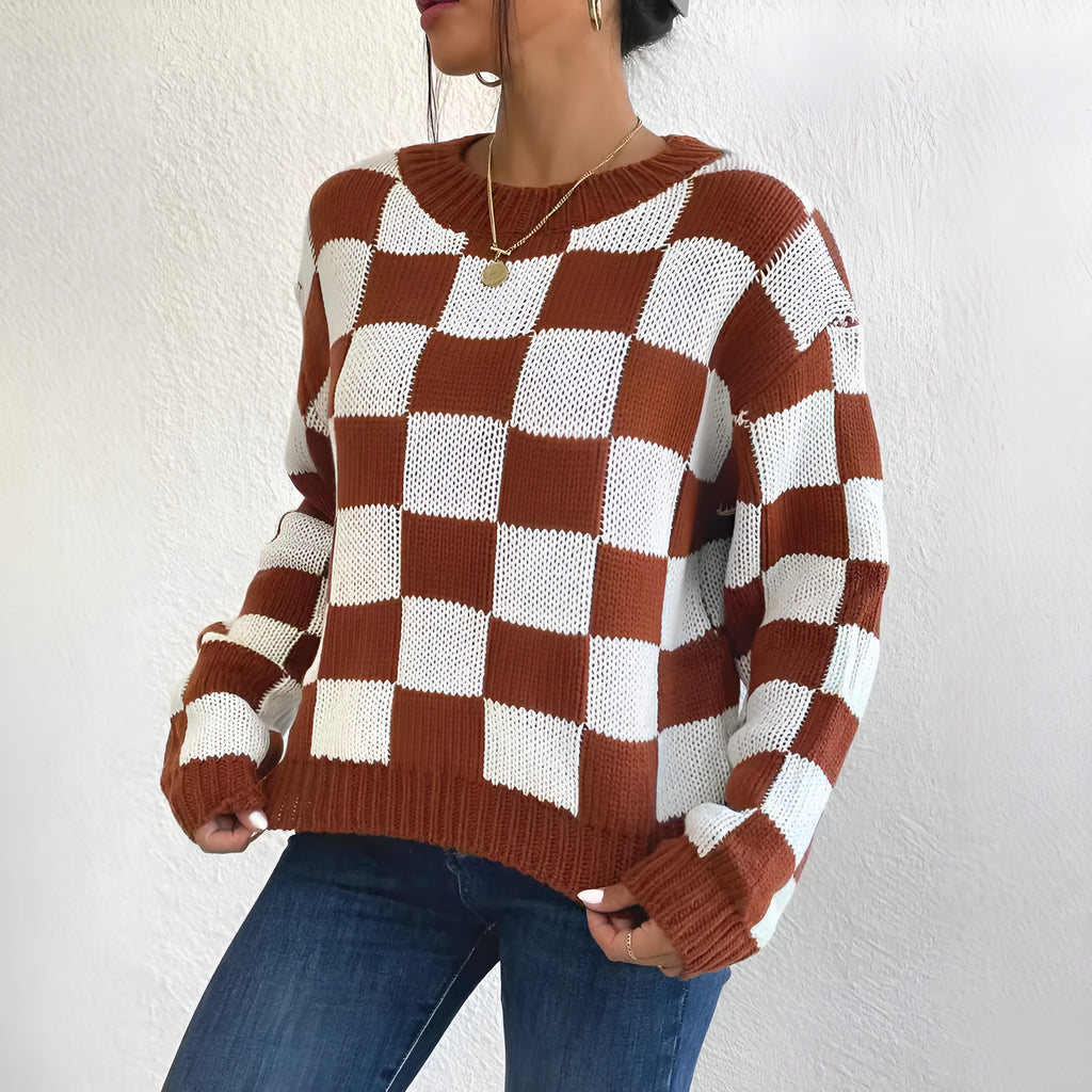 Dark brown chessboard plaid loose round neck pullover sweater with long sleeves
