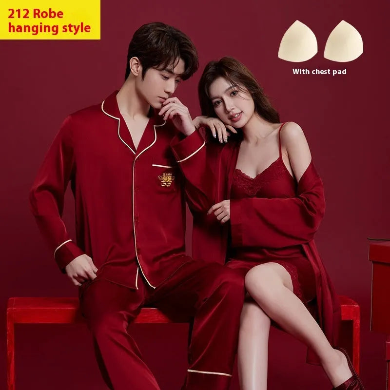 Red polyester pyjama set for men and women with long sleeves and trousers
