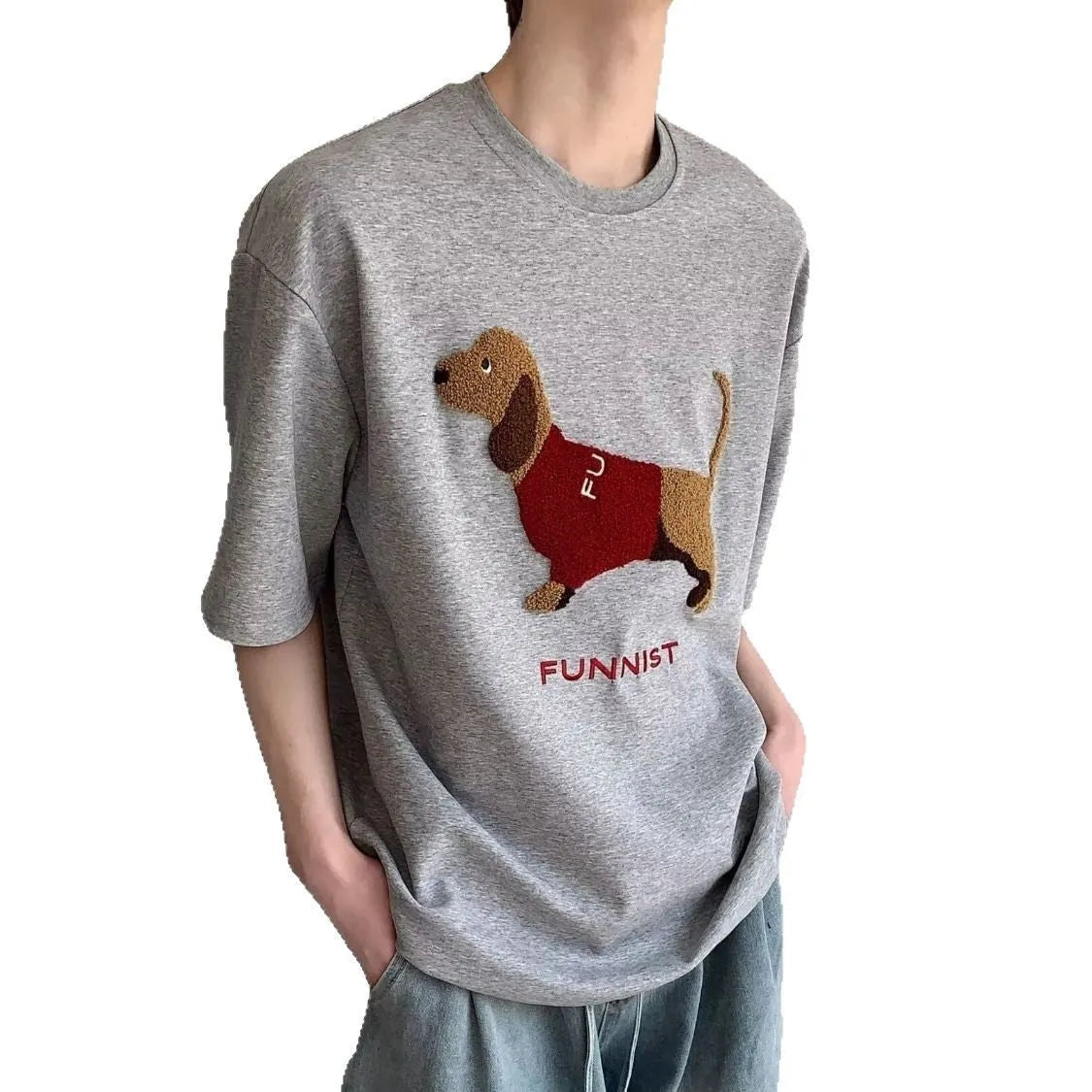 Men's grey T-shirt with embroidered sausage dog design on front, round neck and short sleeves