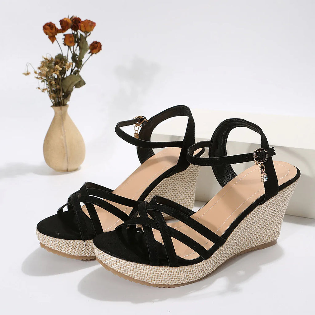 Women's wedge sandals with fish mouth toe bracket and cloth cover uppers in black colour