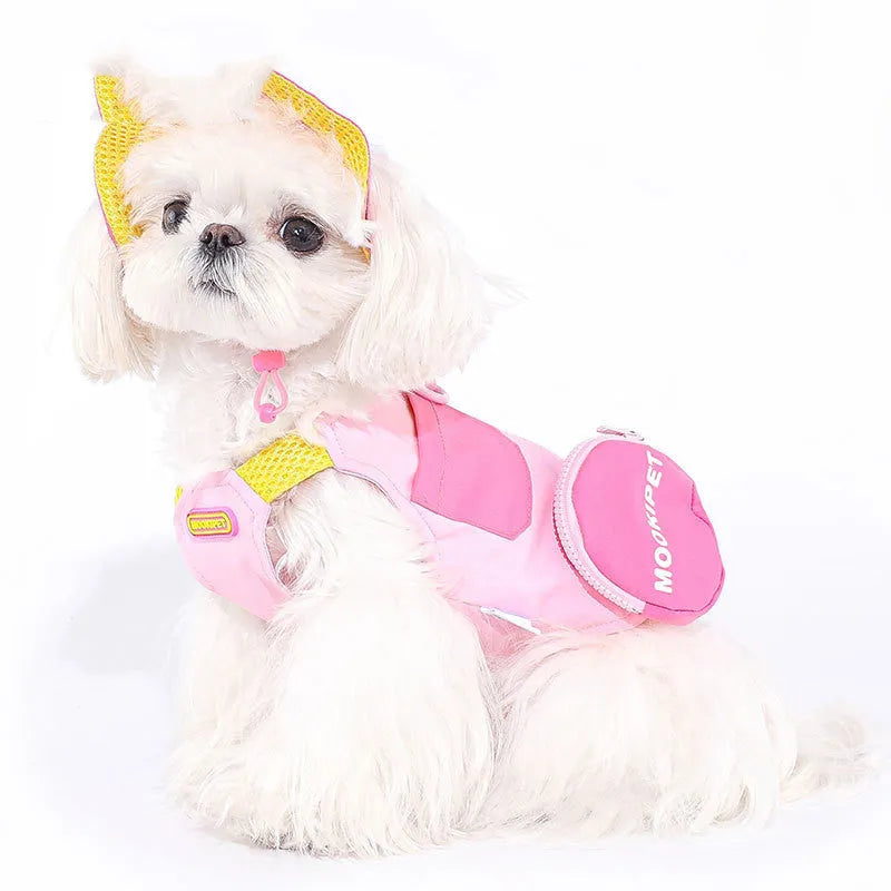 Pink polyester pet vest for small dog breeds like Bichon Frise on a mannequin