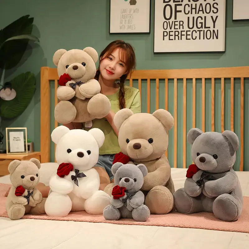 Rose print teddy bear plush doll in beige, brown, or grey, shown in various sizes.