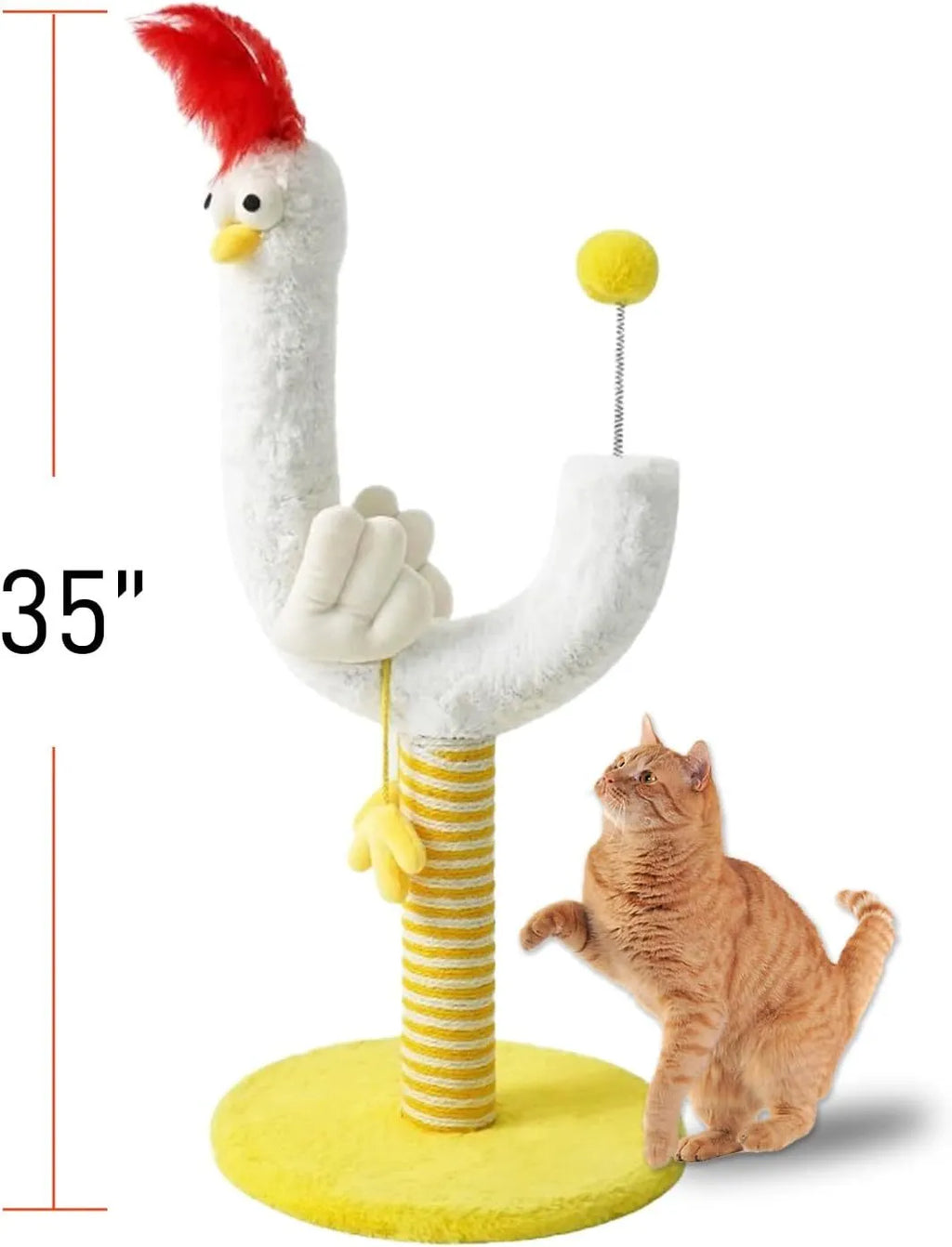Yellow sisal rope vertical cat scratching post with U-shaped design and spring ball attachment