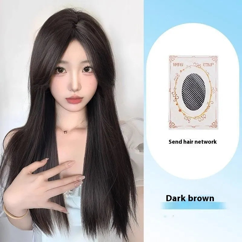 Forehead lace long straight full-head wig with side bangs in high temperature fibre material
