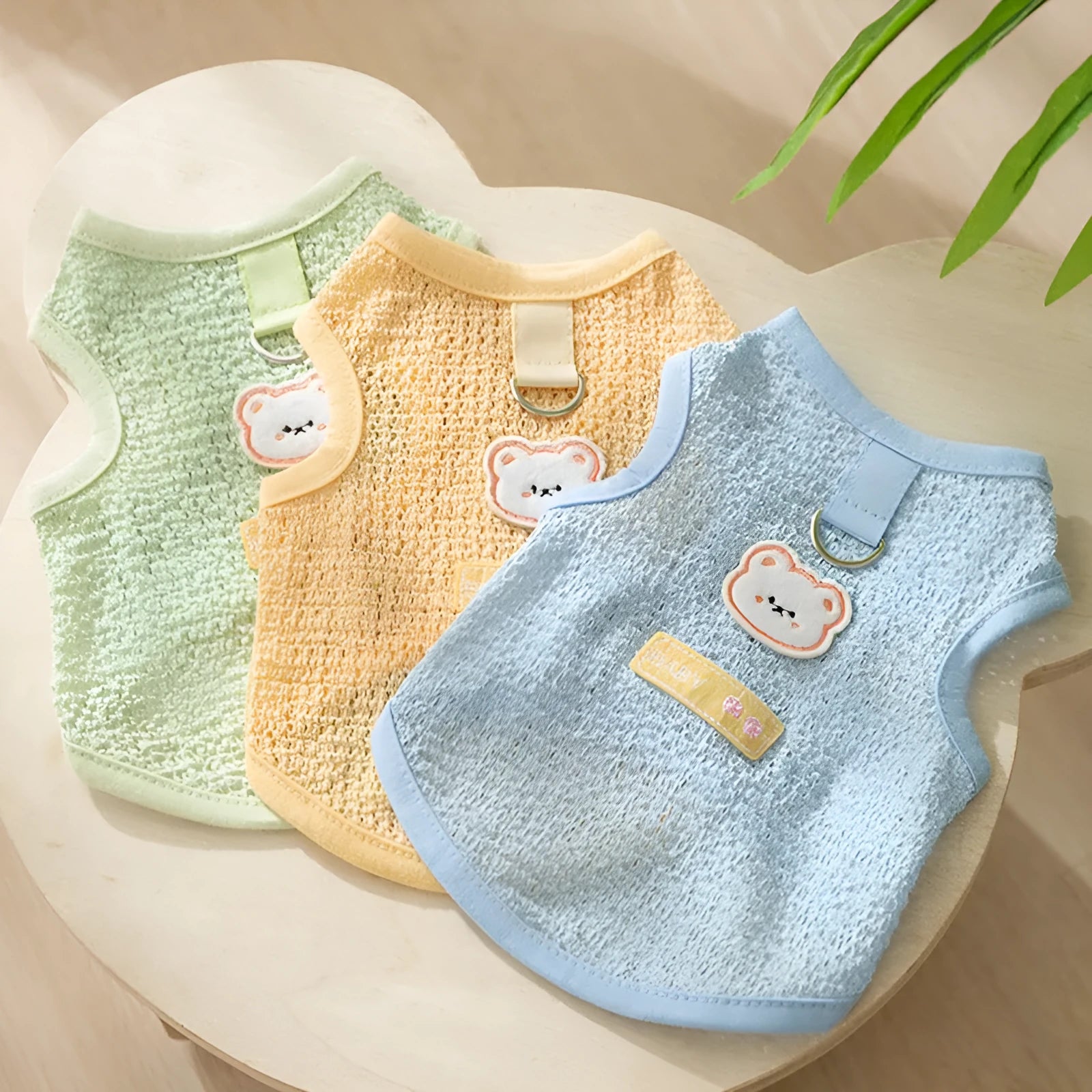 Cat wearing hollowed-out knitted clothes with bear patch design in blue colour