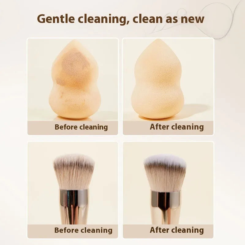 Makeup brush cleaner kit with 80ml detergent bottle and 75ml wash-free spray bottle.