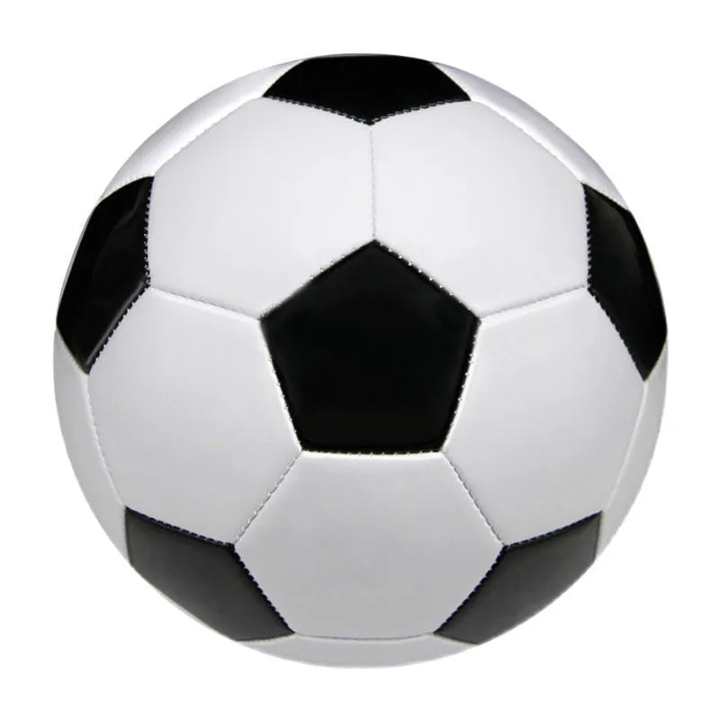 Machine-seam PVC football in sizes 3, 4, and 5 shown in various colours including red, blue, and black/white patterns.