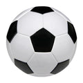 Machine-seam PVC football in sizes 3, 4, and 5 shown in various colours including red, blue, and black/white patterns.