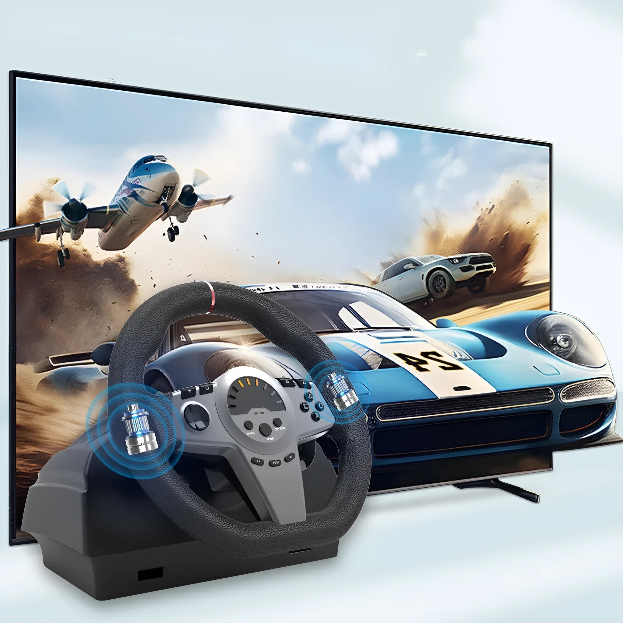 Black USB steering wheel controller with two pedals and desk mounting bracket for PC and console gaming