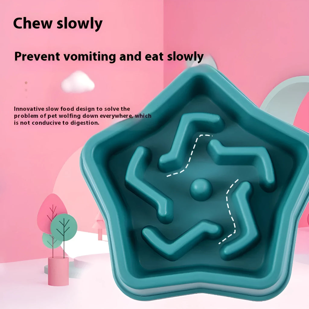 Yellow plastic dog slow feeding bowl with rough base design to prevent choking, 20.1cm diameter