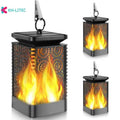 Four black solar-powered hanging torch lights with flickering flame LED effect for outdoor gardens.