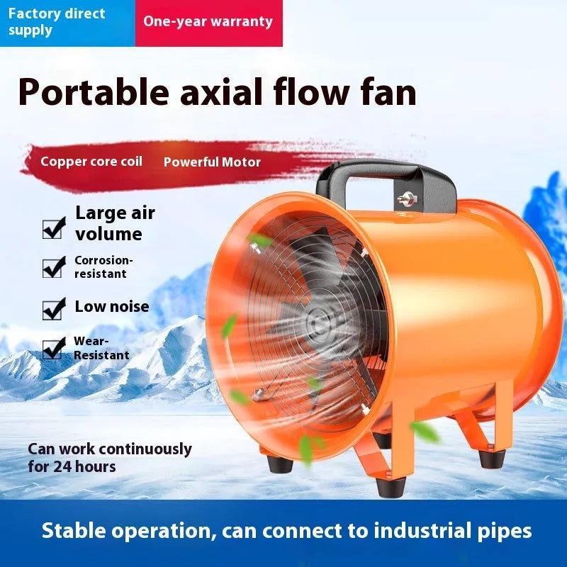Portable industrial axial flow fan with titanium steel construction and extended air duct for workshop ventilation
