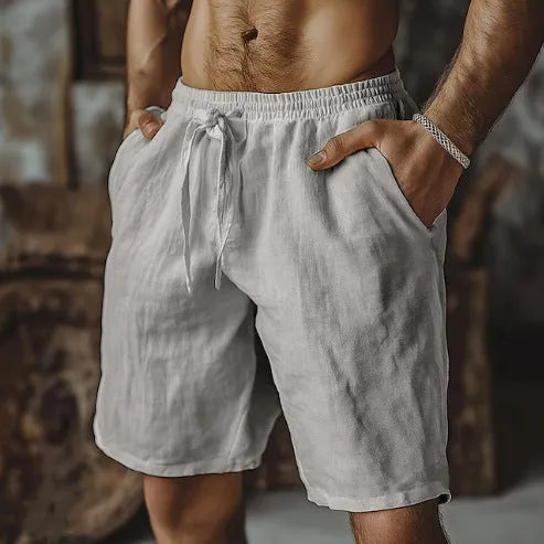 Men's straight leg casual shorts in cotton linen blend, shown in grey, with a British style fit.