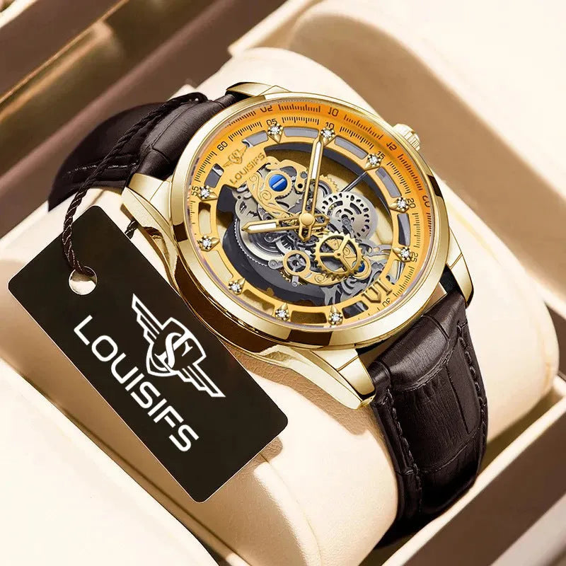 Men's Swiss quartz watch with double-sided hollow design, gold case and brown leather strap