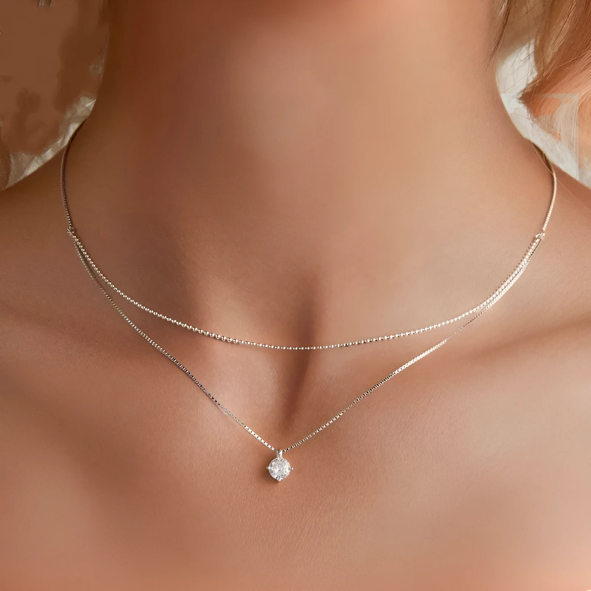 S925 sterling silver double-layer necklace with pearl chain and personality pendant in silver colour