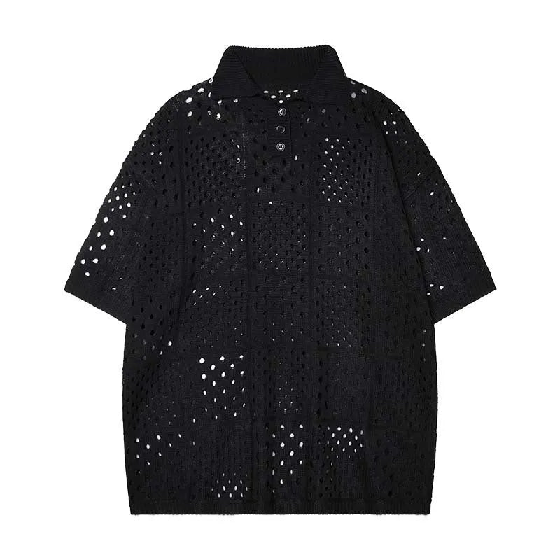 Men's solid colour short-sleeved polo shirt with a hollow knit texture and loose fit.