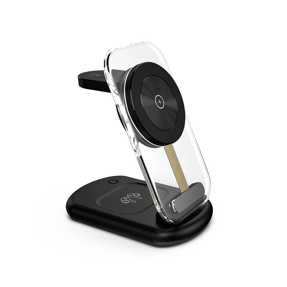 Transparent folding magnetic wireless charger showing internal components with black or white casing options