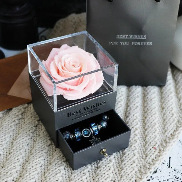 Preserved eternal rose and carnation gift box in glass display case for jewellery storage