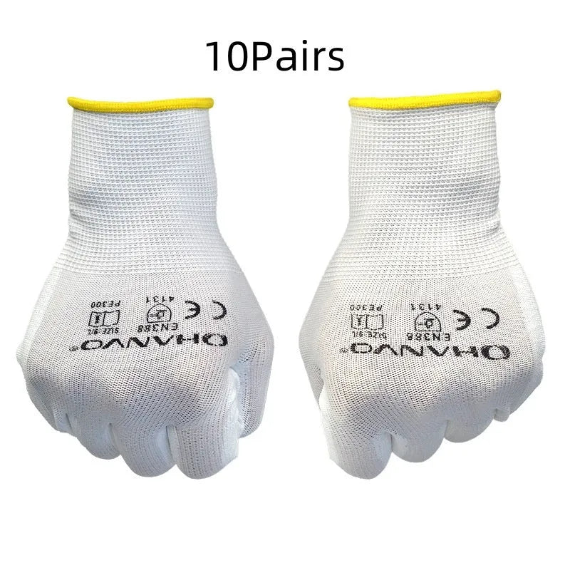 White PU-coated work gloves showing flexible construction and 24 cm length with wrist coverage