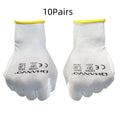 White PU-coated work gloves showing flexible construction and 24 cm length with wrist coverage