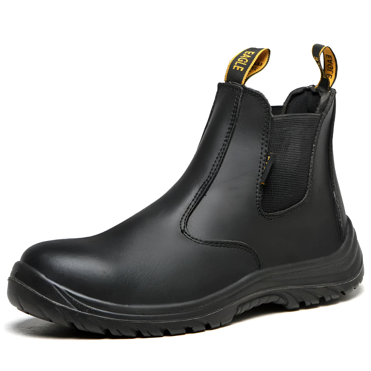 Black leather safety boots with high-top design and steel anti-piercing midsoles for workplace protection