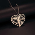 Custom stainless steel name necklace with hollow heart and tree pendant on an adjustable chain in silver tone