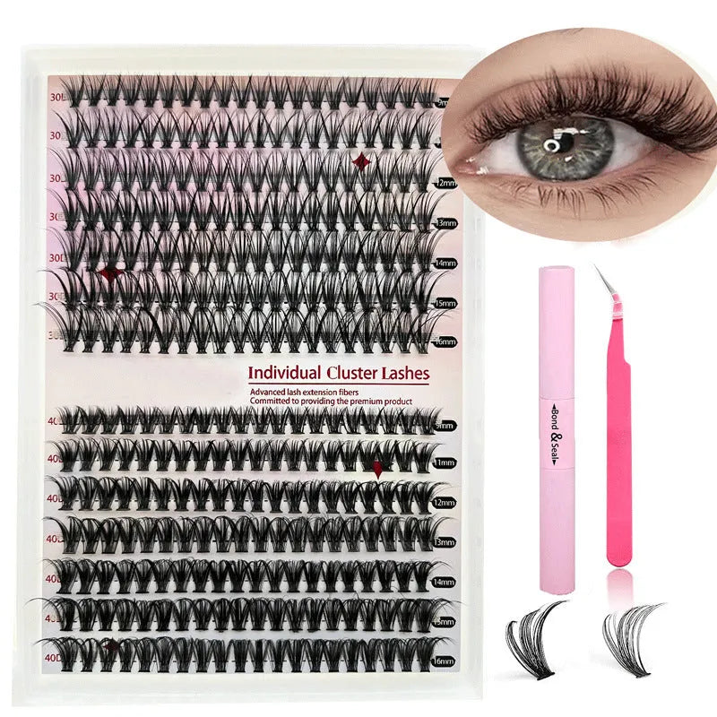 DIY cluster false eyelashes mixed package showing 30D and 40D high-grade fibre lashes and tweezers