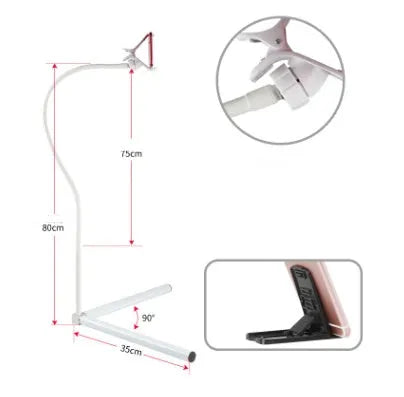Black bedside mobile phone bracket with overhead support shelf and universal folder for hands-free viewing