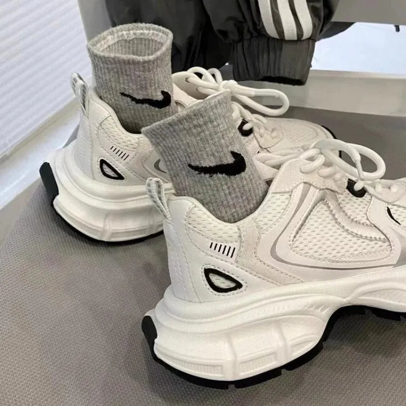Beige mesh platform sports shoes with wedge heel and lace-up front