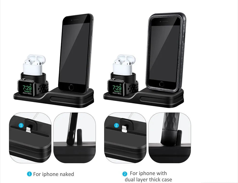 Silicone 3 in 1 charging stand base for iPhone, watch and headset with USB power