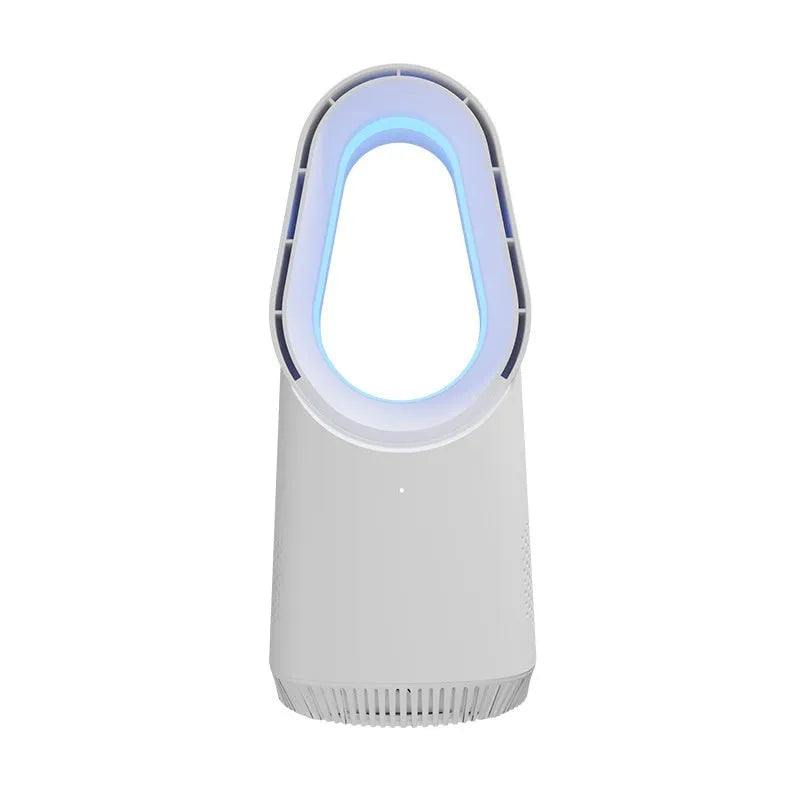 White bladeless tower fan with remote control on floor