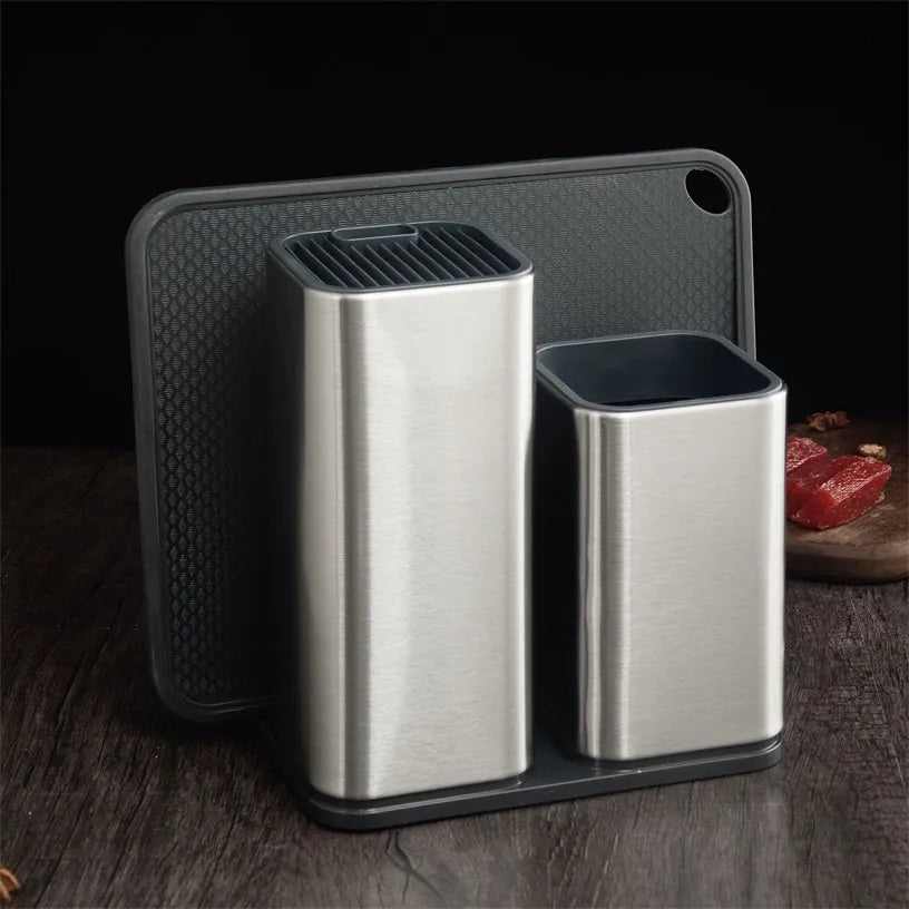 Stainless steel kitchen tool holder with detachable bottom in black or white for knife and utensil storage
