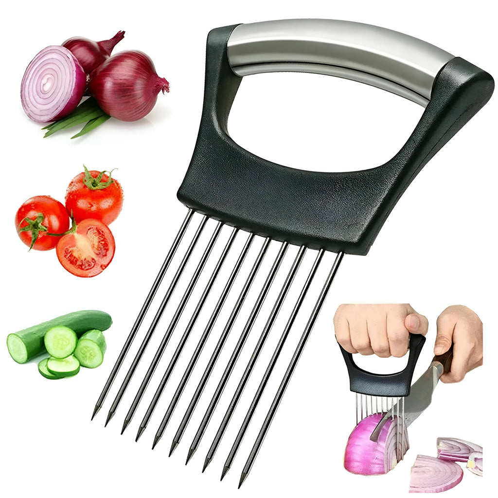 Stainless steel kitchen onion holder slicer with ABS handle measuring 14cm by 9.5cm