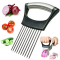 Stainless steel kitchen onion holder slicer with ABS handle measuring 14cm by 9.5cm