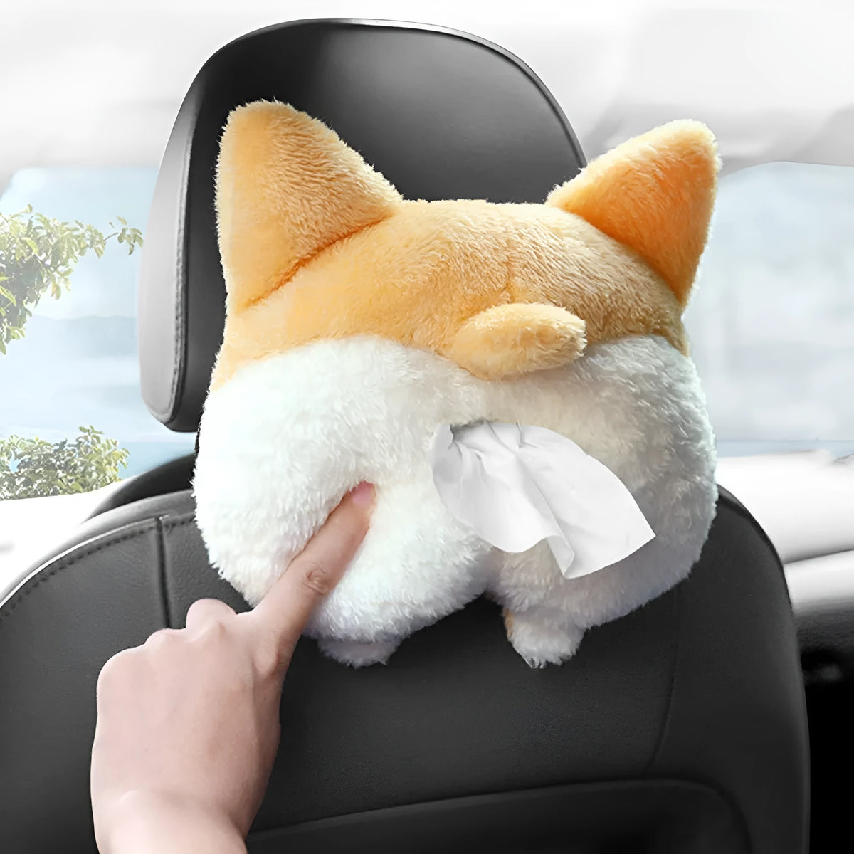 Yellow corgi butt shaped soft polyester car tissue box cover hanging on a sun visor.