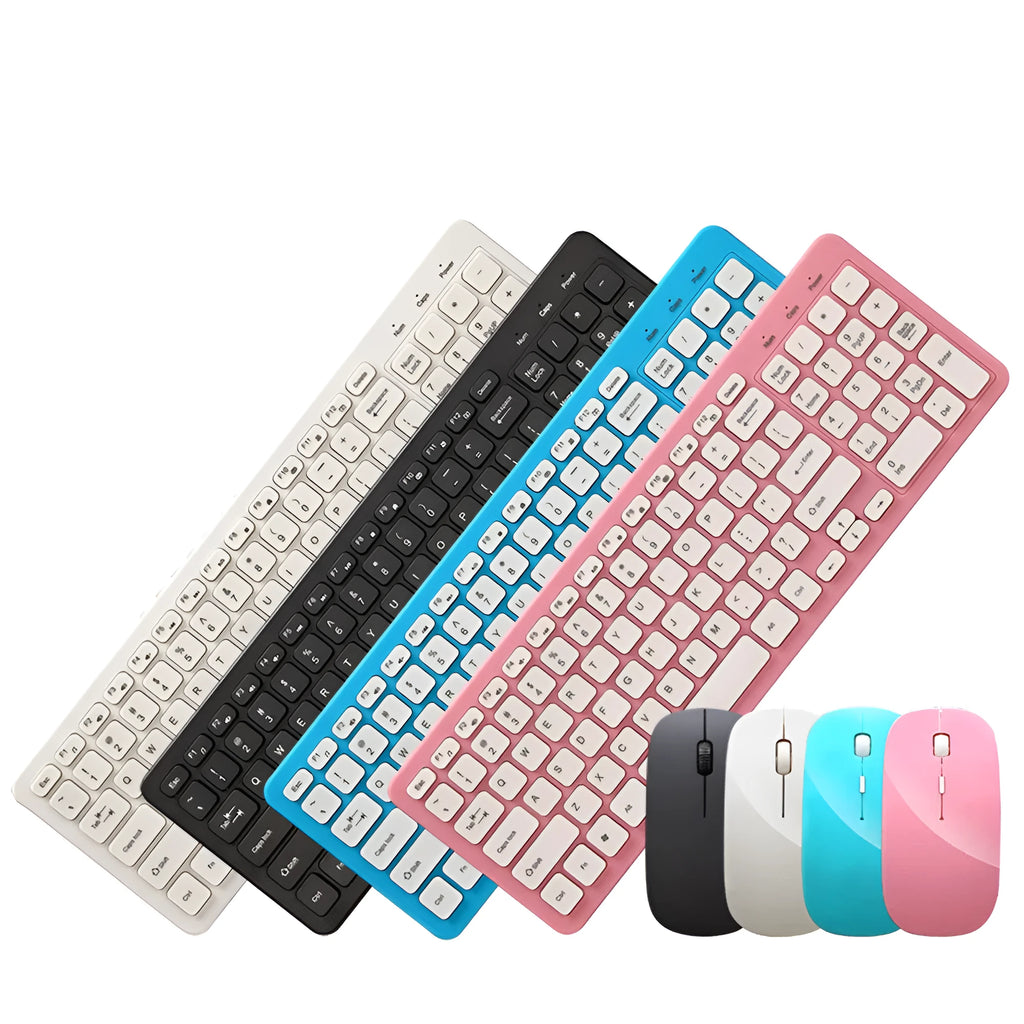 Black wireless keyboard and mouse set showing 96-key layout and adjustable DPI mouse