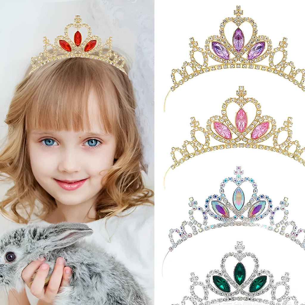 Gold-tone alloy princess crown with colourful simulated diamonds for birthday party dress-up