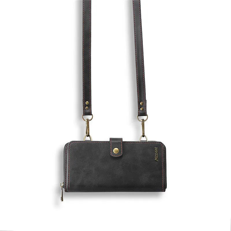 Black detachable magnetic wallet phone case for iPhone and Samsung Galaxy Note on a table.
