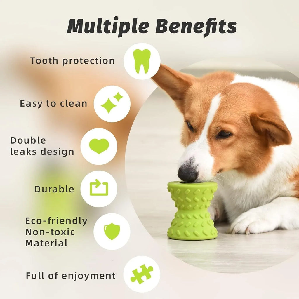 Blue natural rubber bone-shaped dog toy with treat holes for interactive chewing.