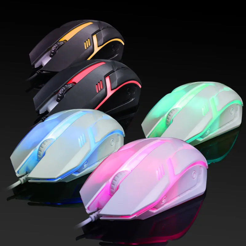 Wired desktop mouse with luminous glow effect showing black and white colour variants